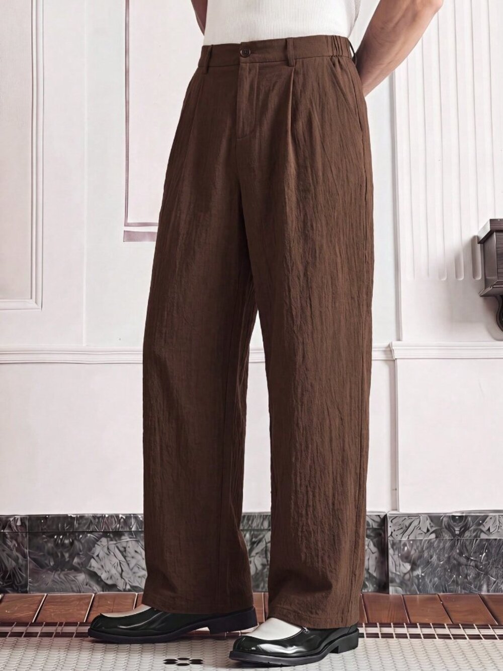 Coffee Brown Casual Men's Button Pocket Business Office Suit Pants - Picture 3 of 6